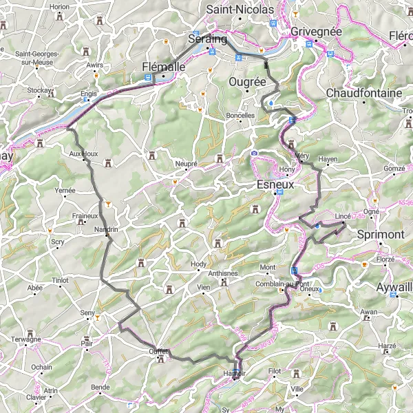 Miniature de la carte de l'inspiration cycliste "Parcours Fraîcheur et Nature" dans la Prov. Liège, Belgium. Générée par le planificateur d'itinéraire cycliste Tarmacs.app