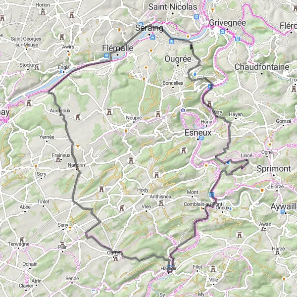 Miniatuurkaart van de fietsinspiratie "Uitzichtpunt en kastelen" in Prov. Liège, Belgium. Gemaakt door de Tarmacs.app fietsrouteplanner