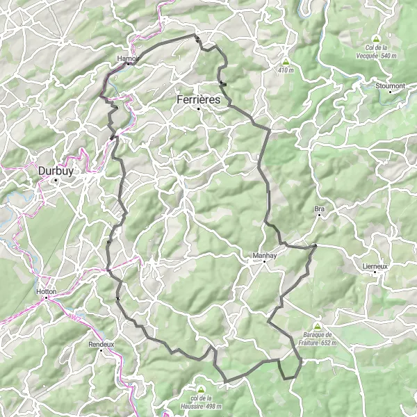 Karten-Miniaturansicht der Radinspiration "Rundtour von Hamoir: durch malerische Dörfer und atemberaubende Landschaften" in Prov. Liège, Belgium. Erstellt vom Tarmacs.app-Routenplaner für Radtouren