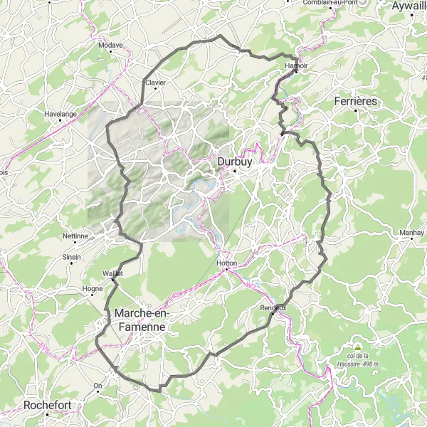 Map miniature of "The Ardennes Challenge" cycling inspiration in Prov. Liège, Belgium. Generated by Tarmacs.app cycling route planner