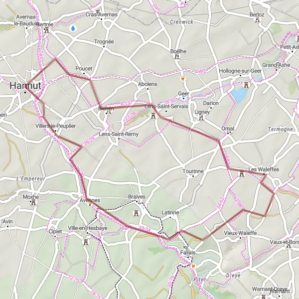 Miniature de la carte de l'inspiration cycliste "Boucle de Gravel autour de Hannut" dans la Prov. Liège, Belgium. Générée par le planificateur d'itinéraire cycliste Tarmacs.app