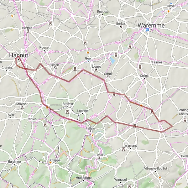 Miniatuurkaart van de fietsinspiratie "Gravelroute vanuit Hannut via Omal en Fallais" in Prov. Liège, Belgium. Gemaakt door de Tarmacs.app fietsrouteplanner
