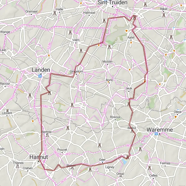 Miniatuurkaart van de fietsinspiratie "Gravelroute rond Hannut en Gingelom" in Prov. Liège, Belgium. Gemaakt door de Tarmacs.app fietsrouteplanner