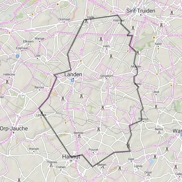 Miniatuurkaart van de fietsinspiratie "Wegroute vanuit Hannut via Lincent en Landen" in Prov. Liège, Belgium. Gemaakt door de Tarmacs.app fietsrouteplanner