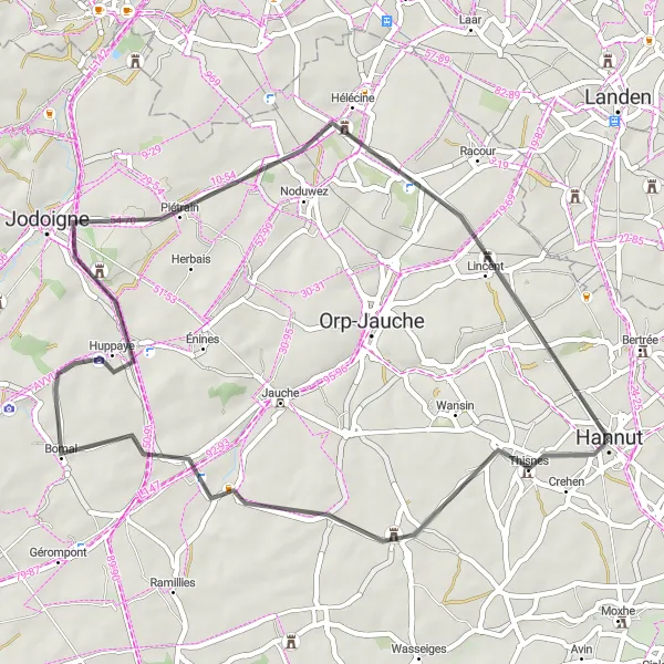 Miniature de la carte de l'inspiration cycliste "Les Châteaux du Brabant" dans la Prov. Liège, Belgium. Générée par le planificateur d'itinéraire cycliste Tarmacs.app