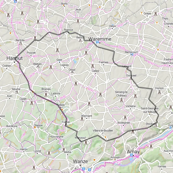 Map miniature of "Hannut to Fumal" cycling inspiration in Prov. Liège, Belgium. Generated by Tarmacs.app cycling route planner