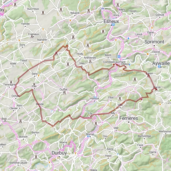 Map miniature of "Off-Road Adventure through Sy" cycling inspiration in Prov. Liège, Belgium. Generated by Tarmacs.app cycling route planner