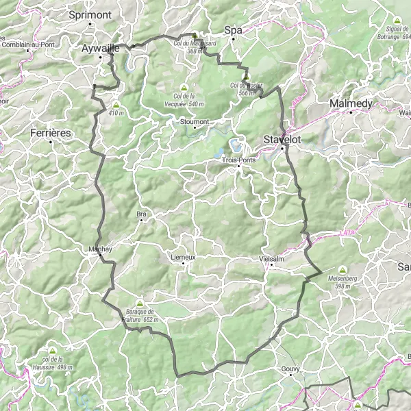 Miniature de la carte de l'inspiration cycliste "Les Montagnes Ardennaises" dans la Prov. Liège, Belgium. Générée par le planificateur d'itinéraire cycliste Tarmacs.app