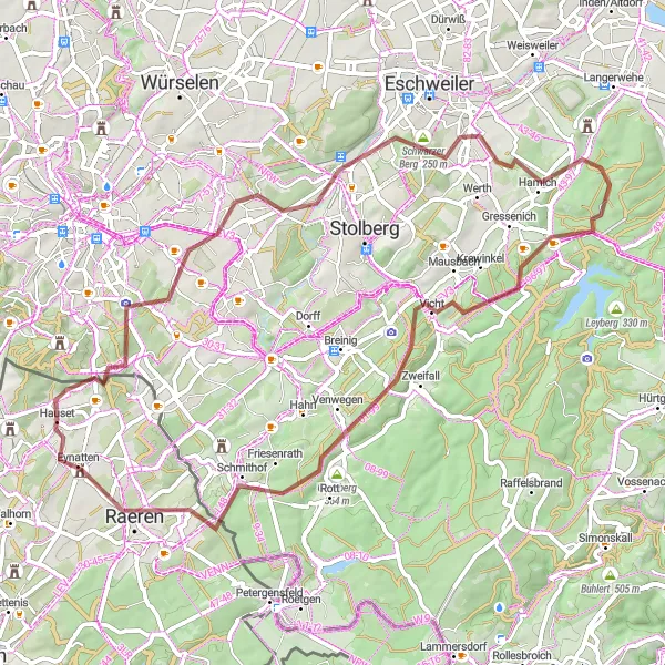 Map miniature of "Hauset - Raeren Gravel Excursion" cycling inspiration in Prov. Liège, Belgium. Generated by Tarmacs.app cycling route planner