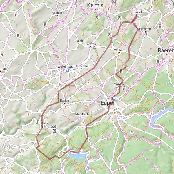 Map miniature of "Hauset-Beschissenberg Circular Gravel Route" cycling inspiration in Prov. Liège, Belgium. Generated by Tarmacs.app cycling route planner