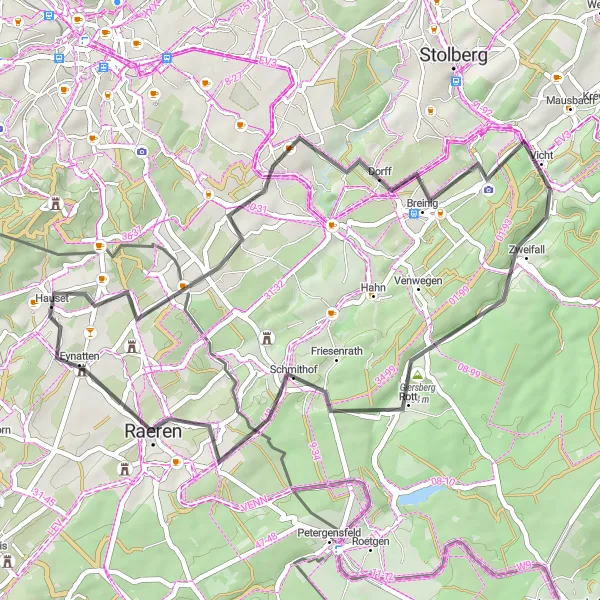 Miniatuurkaart van de fietsinspiratie "Pittoreske wegtocht door het platteland" in Prov. Liège, Belgium. Gemaakt door de Tarmacs.app fietsrouteplanner