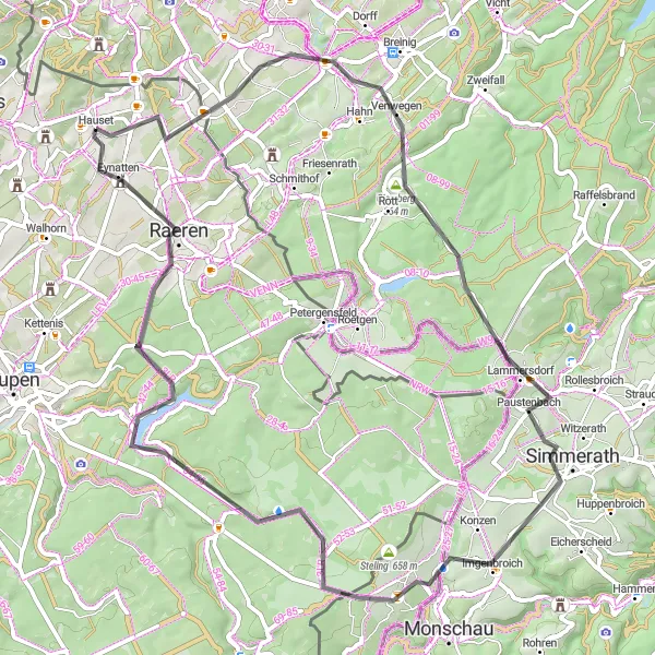 Map miniature of "Hauset-Kornelimünster Circular Road Route" cycling inspiration in Prov. Liège, Belgium. Generated by Tarmacs.app cycling route planner