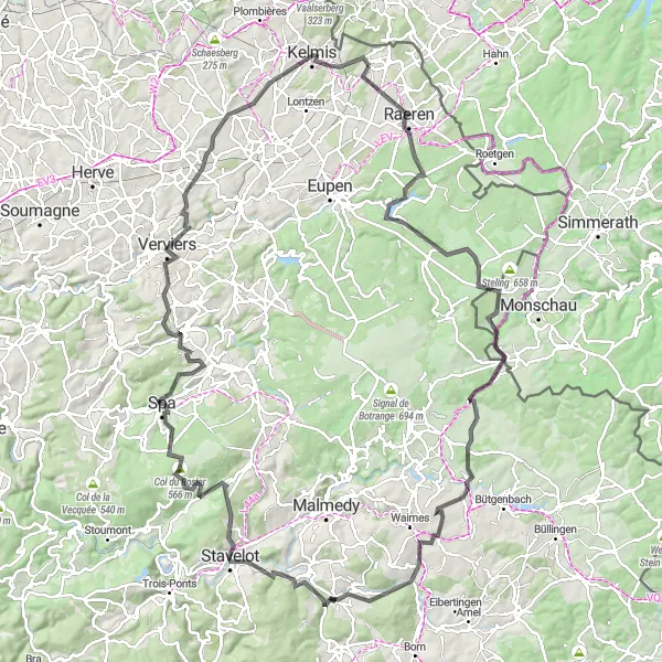 Miniature de la carte de l'inspiration cycliste "Les Montagnes de Liège et Spa" dans la Prov. Liège, Belgium. Générée par le planificateur d'itinéraire cycliste Tarmacs.app