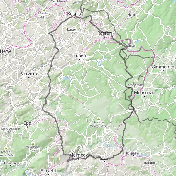 Miniature de la carte de l'inspiration cycliste "Les vallées verdoyantes de l'Est" dans la Prov. Liège, Belgium. Générée par le planificateur d'itinéraire cycliste Tarmacs.app