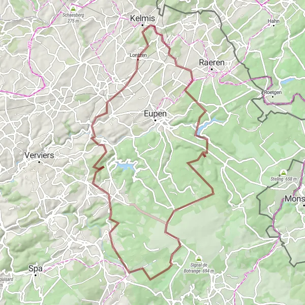 Map miniature of "The Gravel Rollercoaster" cycling inspiration in Prov. Liège, Belgium. Generated by Tarmacs.app cycling route planner