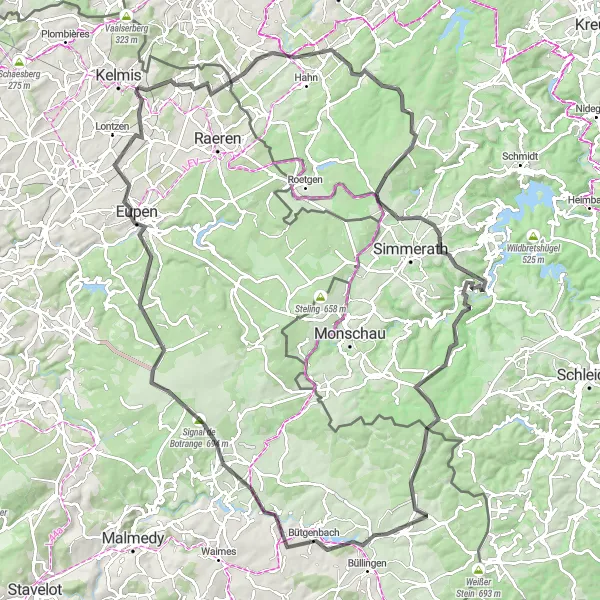 Map miniature of "The Road of Challenges" cycling inspiration in Prov. Liège, Belgium. Generated by Tarmacs.app cycling route planner