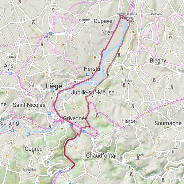 Karten-Miniaturansicht der Radinspiration "Die Gravel-Wege von Hermalle-sous-Argenteau" in Prov. Liège, Belgium. Erstellt vom Tarmacs.app-Routenplaner für Radtouren