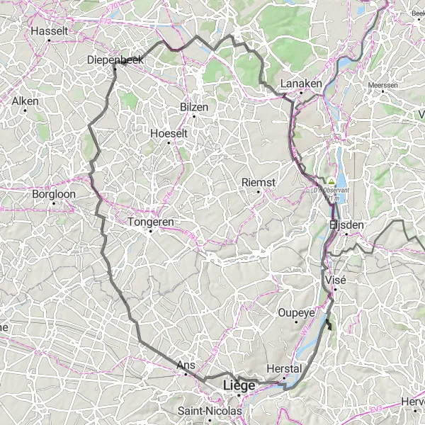 Map miniature of "The Nature and History of Liège" cycling inspiration in Prov. Liège, Belgium. Generated by Tarmacs.app cycling route planner
