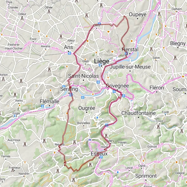 Map miniature of "Gravel Ride through Lavaux and Cockerill" cycling inspiration in Prov. Liège, Belgium. Generated by Tarmacs.app cycling route planner