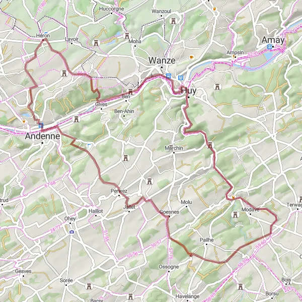 Miniatuurkaart van de fietsinspiratie "Avontuurlijke route via Goesnes en Huy" in Prov. Liège, Belgium. Gemaakt door de Tarmacs.app fietsrouteplanner