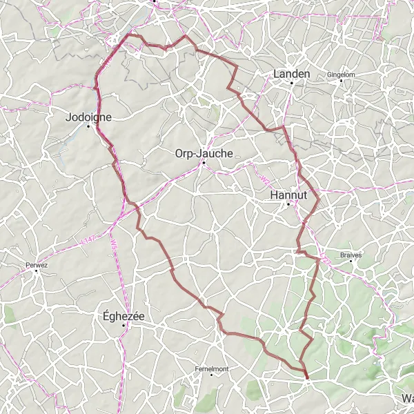 Karten-Miniaturansicht der Radinspiration "Gravel-Tour zu den ländlichen Dörfern um Héron" in Prov. Liège, Belgium. Erstellt vom Tarmacs.app-Routenplaner für Radtouren