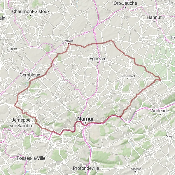 Map miniature of "Brumagne and Hemptinne Gravel Loop" cycling inspiration in Prov. Liège, Belgium. Generated by Tarmacs.app cycling route planner