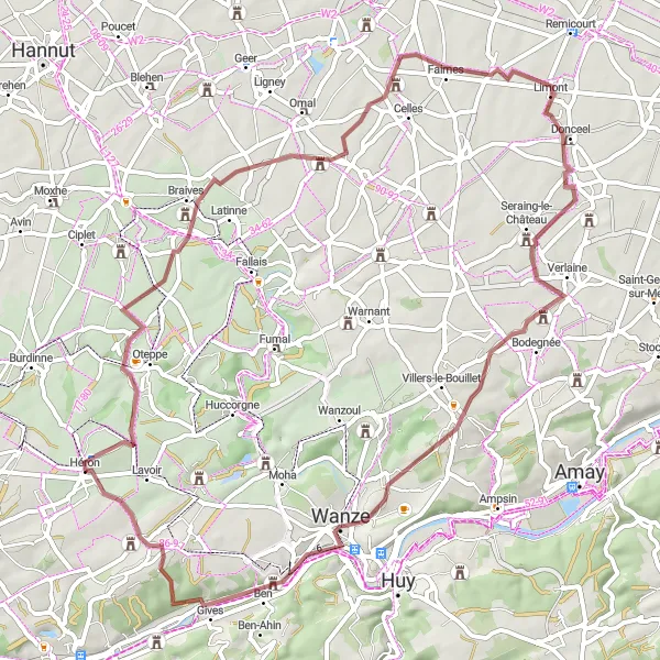 Miniature de la carte de l'inspiration cycliste "Route Gravel autour de Héron" dans la Prov. Liège, Belgium. Générée par le planificateur d'itinéraire cycliste Tarmacs.app