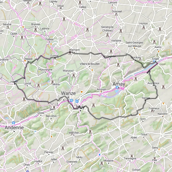 Miniature de la carte de l'inspiration cycliste "Le Tour des Châteaux et Villages" dans la Prov. Liège, Belgium. Générée par le planificateur d'itinéraire cycliste Tarmacs.app