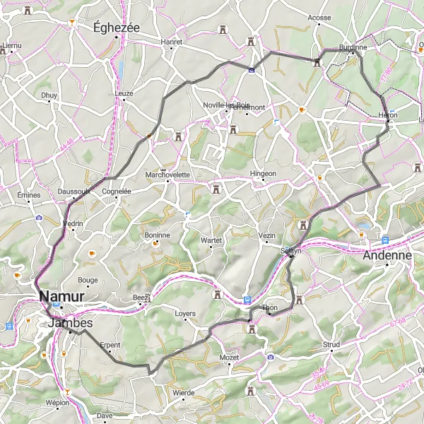 Karten-Miniaturansicht der Radinspiration "Road-Tour durch die Umgebung von Héron" in Prov. Liège, Belgium. Erstellt vom Tarmacs.app-Routenplaner für Radtouren
