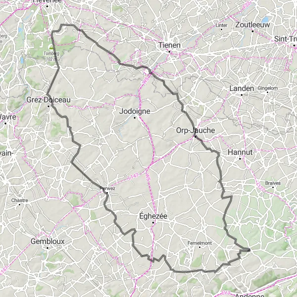 Map miniature of "Waret-la-Chaussée and Acosse Scenic Ride" cycling inspiration in Prov. Liège, Belgium. Generated by Tarmacs.app cycling route planner
