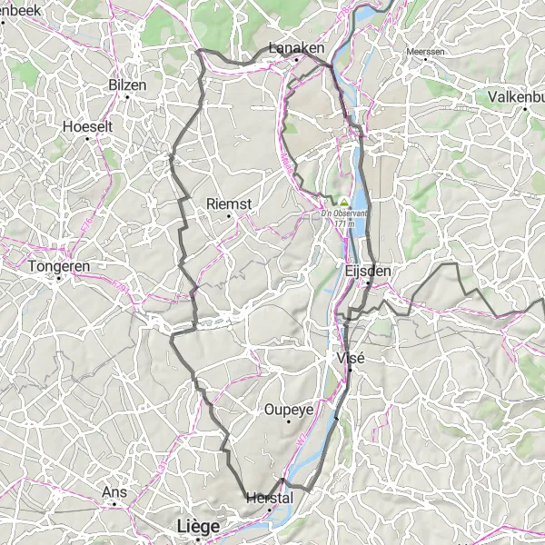 Miniatuurkaart van de fietsinspiratie "Tocht vanuit Herstal naar Hoog-Caestert en Cheratte" in Prov. Liège, Belgium. Gemaakt door de Tarmacs.app fietsrouteplanner