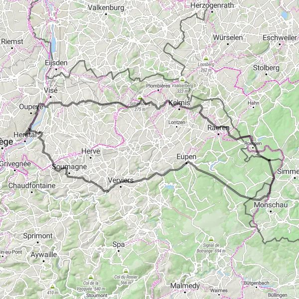 Miniature de la carte de l'inspiration cycliste "Route des Châteaux Ardennais" dans la Prov. Liège, Belgium. Générée par le planificateur d'itinéraire cycliste Tarmacs.app