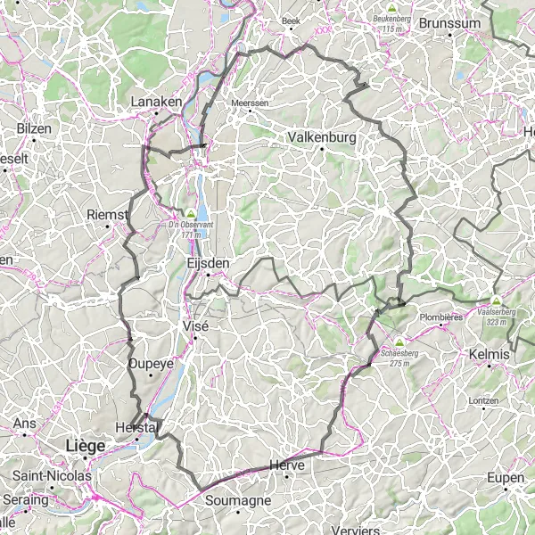 Miniature de la carte de l'inspiration cycliste "Parcours des Vallées et Châteaux" dans la Prov. Liège, Belgium. Générée par le planificateur d'itinéraire cycliste Tarmacs.app
