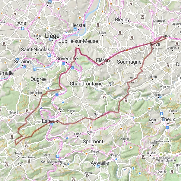 Miniatuurkaart van de fietsinspiratie "Avontuurlijke fietstocht door glooiend landschap" in Prov. Liège, Belgium. Gemaakt door de Tarmacs.app fietsrouteplanner