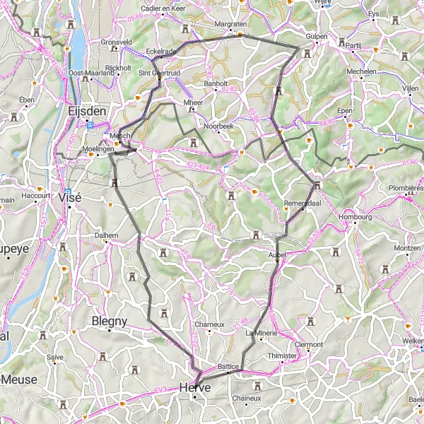 Karten-Miniaturansicht der Radinspiration "Rundtour von Herve auf der Straße" in Prov. Liège, Belgium. Erstellt vom Tarmacs.app-Routenplaner für Radtouren