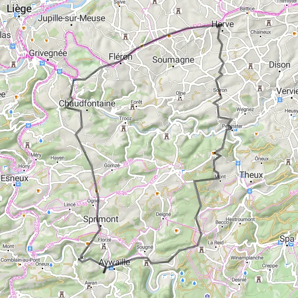 Map miniature of "The Pepinster Adventure" cycling inspiration in Prov. Liège, Belgium. Generated by Tarmacs.app cycling route planner