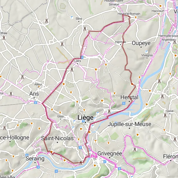 Miniature de la carte de l'inspiration cycliste "Gravel Terrils et Châteaux" dans la Prov. Liège, Belgium. Générée par le planificateur d'itinéraire cycliste Tarmacs.app