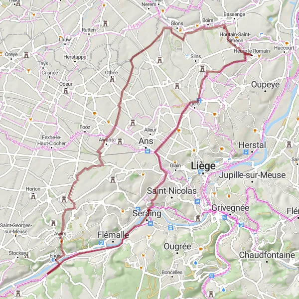 Miniature de la carte de l'inspiration cycliste "Gravel Châteaux et Villages" dans la Prov. Liège, Belgium. Générée par le planificateur d'itinéraire cycliste Tarmacs.app