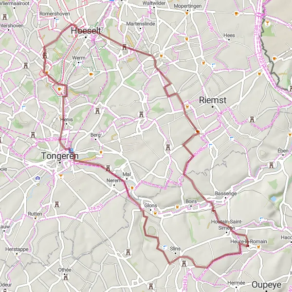 Miniatuurkaart van de fietsinspiratie "Heure-le-Romain en Omgeving Gravel Route" in Prov. Liège, Belgium. Gemaakt door de Tarmacs.app fietsrouteplanner