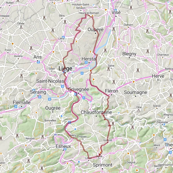 Karten-Miniaturansicht der Radinspiration "Gravel-Tour durch Oupeye und Point de vue sur la vallée de l'Ourthe" in Prov. Liège, Belgium. Erstellt vom Tarmacs.app-Routenplaner für Radtouren