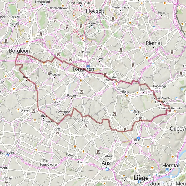 Miniatuurkaart van de fietsinspiratie "Gravelroute van Heure-le-Romain naar Roclenge-sur-Geer" in Prov. Liège, Belgium. Gemaakt door de Tarmacs.app fietsrouteplanner
