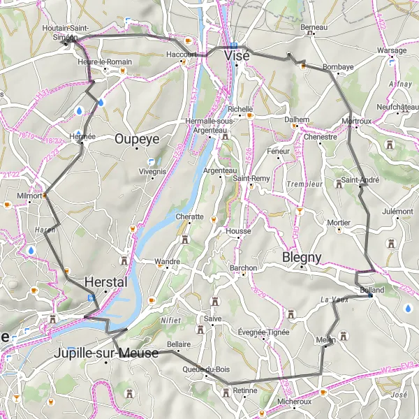 Miniatuurkaart van de fietsinspiratie "Mortroux en Omgeving Road Route" in Prov. Liège, Belgium. Gemaakt door de Tarmacs.app fietsrouteplanner