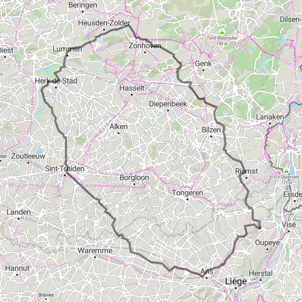 Miniature de la carte de l'inspiration cycliste "Le Tour des Vergers de la Vallée de la Meuse" dans la Prov. Liège, Belgium. Générée par le planificateur d'itinéraire cycliste Tarmacs.app