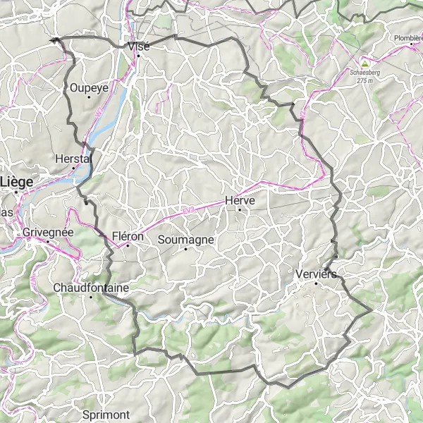 Miniatuurkaart van de fietsinspiratie "Château Le Borcht en Omgeving Road Route" in Prov. Liège, Belgium. Gemaakt door de Tarmacs.app fietsrouteplanner