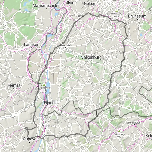 Miniature de la carte de l'inspiration cycliste "Le Tour des Vallées et des Collines" dans la Prov. Liège, Belgium. Générée par le planificateur d'itinéraire cycliste Tarmacs.app