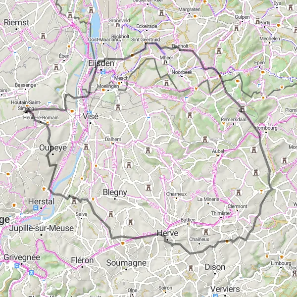 Map miniature of "Caestert Caves and Cultural Delights" cycling inspiration in Prov. Liège, Belgium. Generated by Tarmacs.app cycling route planner