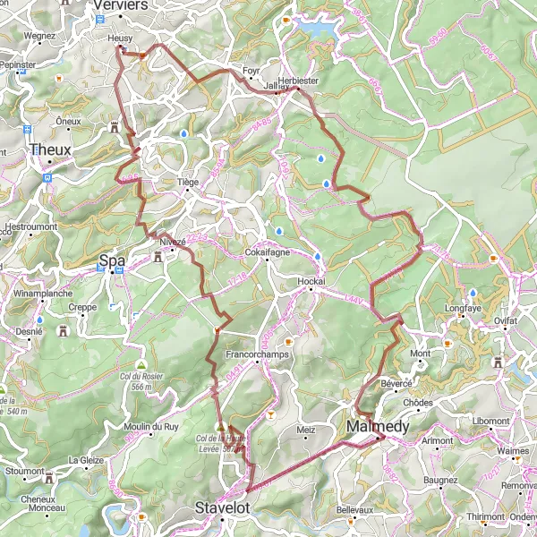 Map miniature of "Scenic Gravel Route through Jalhay and Malmedy" cycling inspiration in Prov. Liège, Belgium. Generated by Tarmacs.app cycling route planner