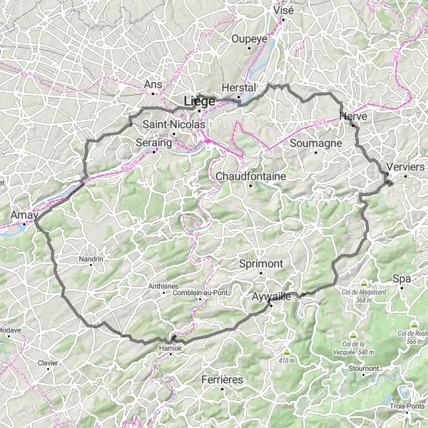 Miniatuurkaart van de fietsinspiratie "Schilderachtige route door Luikse heuvels" in Prov. Liège, Belgium. Gemaakt door de Tarmacs.app fietsrouteplanner