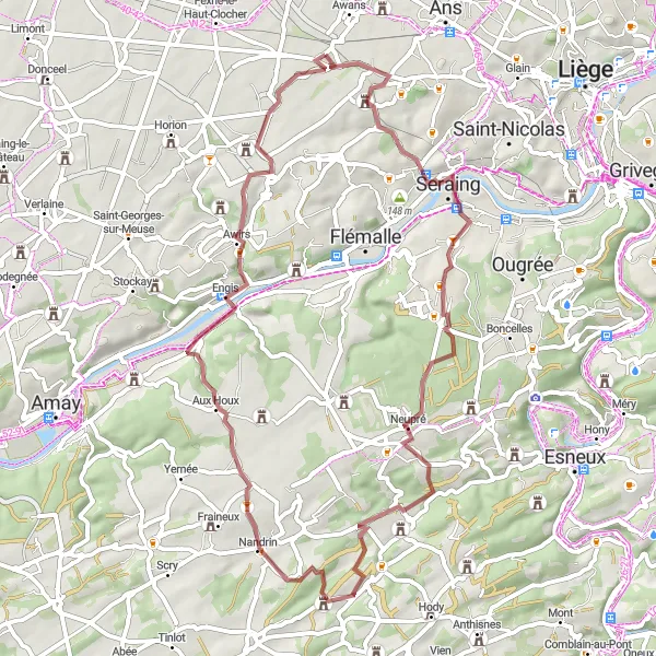 Map miniature of "Gravel Route exploring Neupré and Château de Magnery" cycling inspiration in Prov. Liège, Belgium. Generated by Tarmacs.app cycling route planner