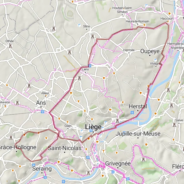 Map miniature of "Gravel Route through Terril de l'Espérance and Château Rouge" cycling inspiration in Prov. Liège, Belgium. Generated by Tarmacs.app cycling route planner